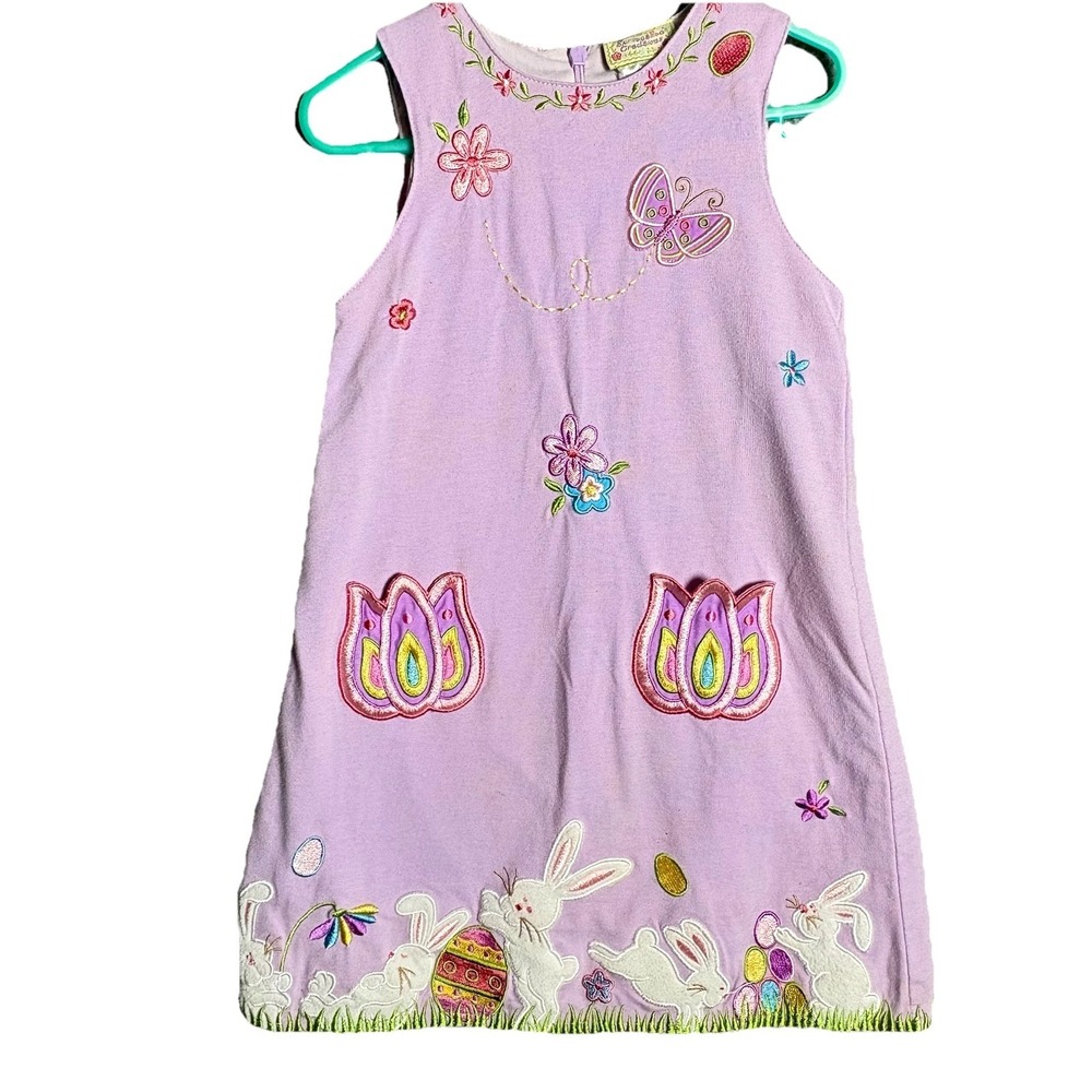 Easter Bunny Dress Girls Sz 4T 5T Lilac With Bunnies Flowers Lined‎